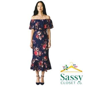 LULAROE Navy Pink Floral Velvet Ruffle Maxi Dress 2X Off Shoulder EUC